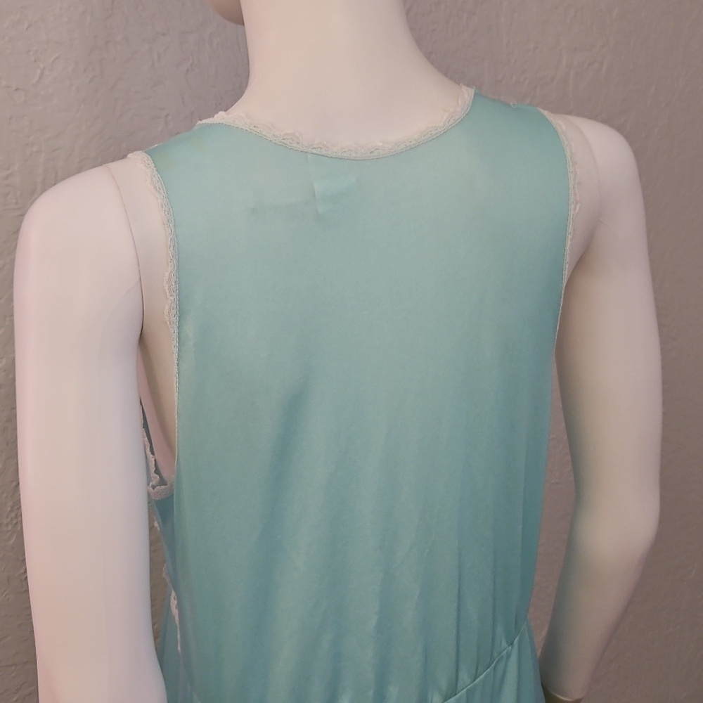 Vintage Union Made 1960s Turquoise Blue Lace Trim Satin Nightgown - Picture 9 of 10